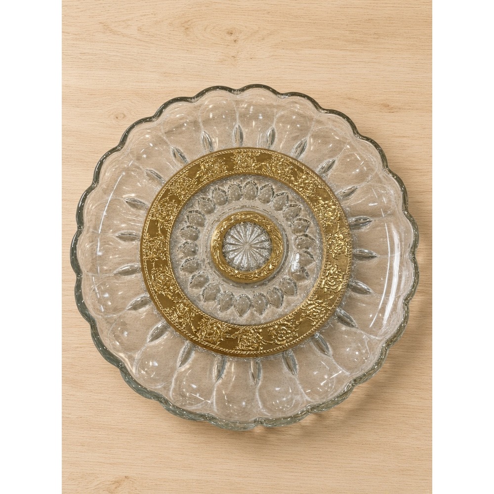 Vintage Clear Pressed Glass Round Serving Platter Gold Embossed Rose Scalloped